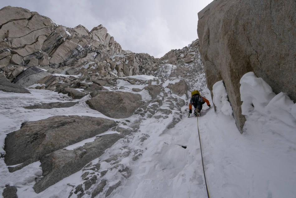 The mixed climbing half way up the face