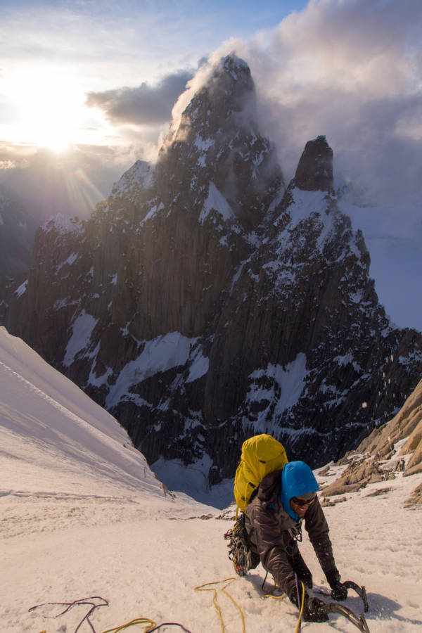A brief clearing in the weather for sunset before finding our bivy boulder for the night, K7 in the background
