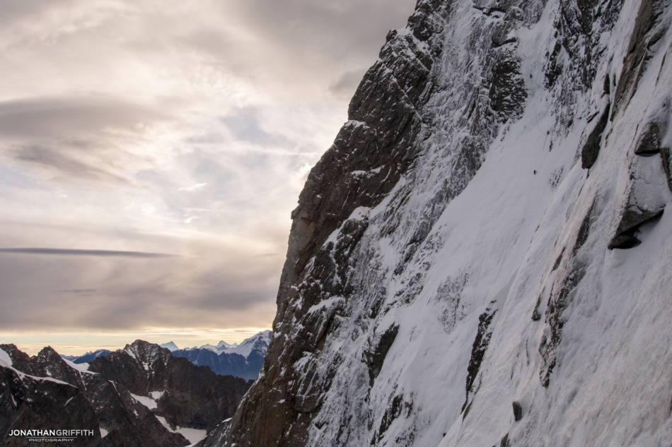 Climbers moving up the crux of the Colton-Macintyre on an unusually fat year for ice