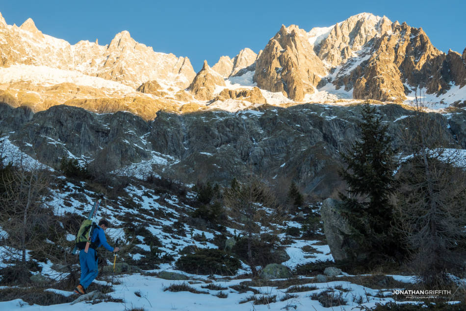 Walking in at sunrise, Grandes Jorasses in the distance