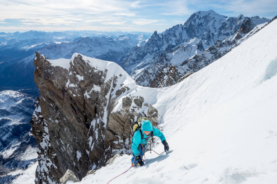Will topping out from the Hypercouloir, Mont Blanc in the background