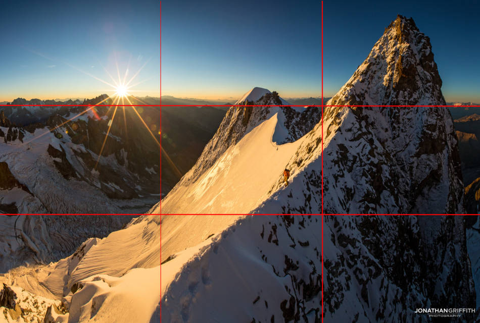 When you want to take it to the next level you can think in Rule of Nines. Try and have interesting stuff balanced out in each box- in there instance I've got the sun top left, the climber middle, and summit top right.