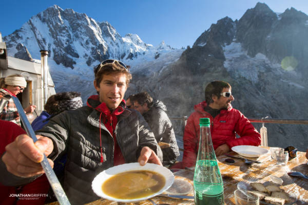 Diner time at the hut with the Jorasses in the background